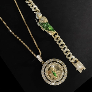 Golden San Judas Tadeo pendant necklace and bracelet set with sparkling rhinestones