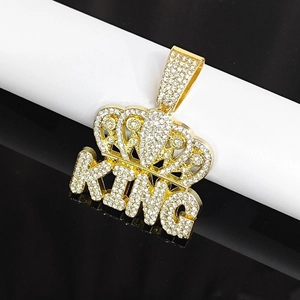 Collier pendentif King avec couronne dorée et strass style hip hop pour homme