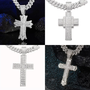 Hip hop silver-tone cross pendants with iced-out cuban link chains set for men