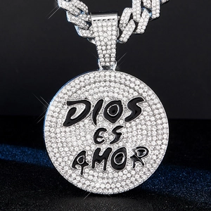 Hip hop silver tone Cuban chain necklace with iced out round Dios Es Amor pendant