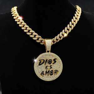 Golden Cuban chain necklace with iced-out round pendant featuring DIOS ES AMOR text
