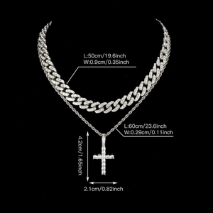 Detailed size specifications for hip hop silver cross pendant and cuban link chain set