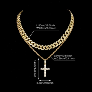 Gold layered necklace set with iced out cross pendant and Cuban link chain dimensions