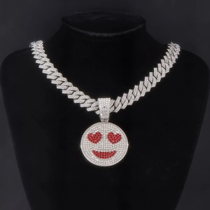 Hip Hop Iced Out Heart Eye Smiley Face Pendant Necklace Zinc Alloy Rhinestone Bold Cuban Link Chain Jewelry For Men Women