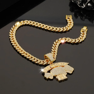 Collier Cuban Link doré hip hop avec pendentif GET MONEY 1ST serti de strass brillants