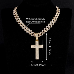 Gouden hiphop-Cubaanse schakelketting met grote kruishanger en witte zirkonia steentjes