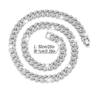 Hip hop silver double-row rhinestone Cuban link necklace, 10mm width and 50cm length