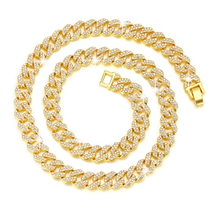 Double row rhinestone 10mm golden Cuban link chain necklace in hip-hop street style