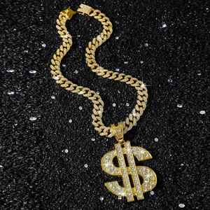 Iced out gold hip-hop cuban chain with oversized dollar sign pendant and pavé zircons