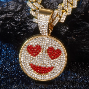 Iced out hip hop Cuban chain with heart-eye smiley face pendant in full rhinestone finish