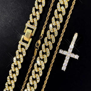 Hip hop gold plated Cuban link chain and rope necklace set with iced out cross pendant
