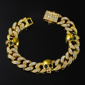 Collier gourmette dorée hip hop avec crânes sertis de strass pour hommes et femmes