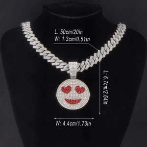 Detailed dimensions of 13mm Cuban chain with iced-out heart smiley face pendant