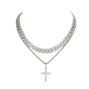 Silver iced-out cross pendant necklace set with cuban link and rope chain style