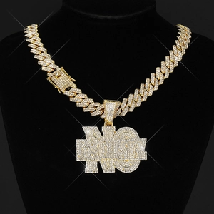 Collier Pendentif Hip Hop en Alliage de Strass pour Hommes Femmes Chaîne Cubaine Couronne Nombre 39 Alphabet Visage Souriant