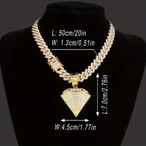 Iced out gold Cuban link chain and triangle pendant set for men with measurement details
