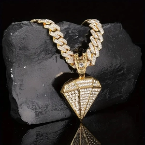 Hip hop gold Cuban chain necklace with iced out diamond shape pendant on black stone