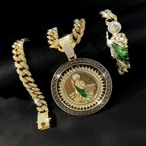 Hip Hop Men Zinc Alloy Pave Rhinestone St Jude Pendant Necklace Gold Enamel Religious Jewelry Cuban Link Chain And Bracelet