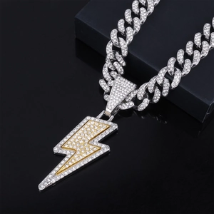 Hip hop silver Cuban link chain with sparkling diamond-encrusted lightning bolt pendant
