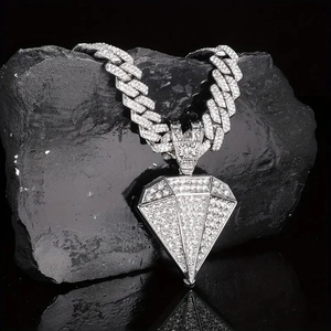 Hip hop silver Cuban link chain with large iced out diamond shape pendant for men