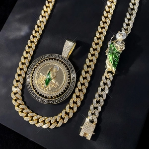 Hip-hop gold plated Saint Jude spinning pendant with iced-out Cuban link chain and bracelet