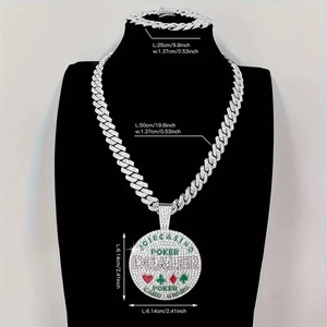 Close-up of iced out hip hop jewelry set with Poker Card Guard pendant on black neck model