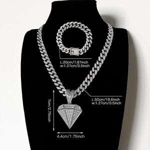 Silver Cuban link chain and bracelet set with large diamond pendant and size specs