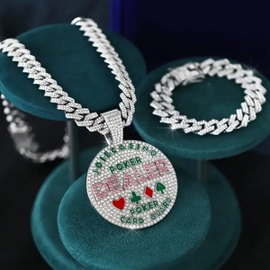 Hip Hop Iced Out Rhinestone Pave Round Coin Poker Dealer Pendant Alloy Cuban Link Chain Necklace Jewelry Set For Men Women