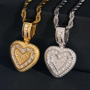 Hip Hop Copper Heart Pendant Necklace For Unisex Iced Out Baguette Zirconia Heart Pendant Necklace With Rope Chain Jewelry