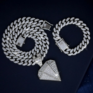 Hip Hop Alloy Rhinestone Cuban Chain Necklace With Diamond Shape Pendant Bracelet For Men Women Cool Rapper Jewelry
