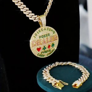Hip hop gold plated Cuban chain set with iced out poker dealer round medallion pendant