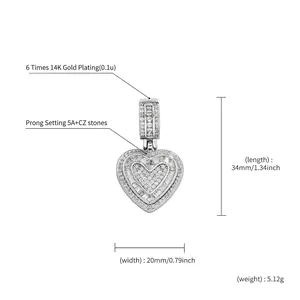 Hip hop heart pendant with 5A zircons and 14K gold plating for a luxury fashion look