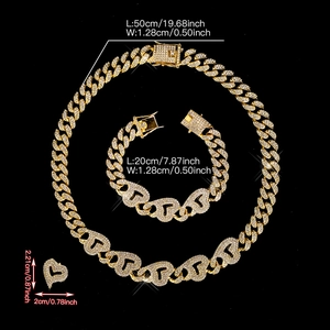 Parure de bijoux cubains dorés avec collier à cœur, bracelet et boucles d'oreilles