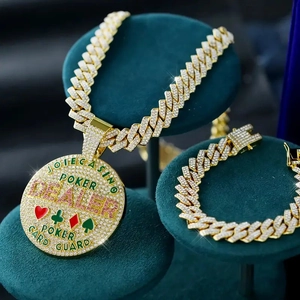 Iced-out Cuban link chain and bracelet set with poker casino theme coin pendant