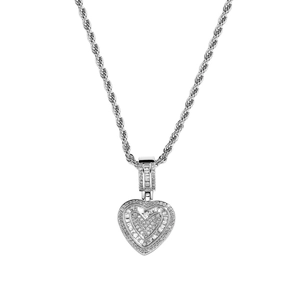 Hip hop style heart pendant necklace with micro paved cubic zirconia on a rope chain
