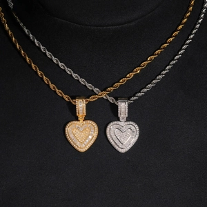 Iced out heart pendant necklaces with rope chain in gold and silver finish for hip hop fashion