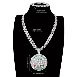 Iced out hip hop jewelry set with round poker pendant, Cuban link chain and bracelet
