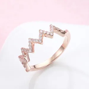 925 Sterling Silver Zigzag Heartbeat Ring For Women Minimalist Dainty Rhinestone Inlaid Wave Finger Ring Jewelry Gift