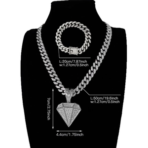 Silver iced out Cuban chain and bracelet set with large diamond-shaped pendant for men
