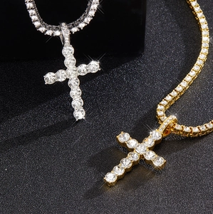 Hip Hop Rhinestone Cross Pendant Necklace Alloy Tennis Chain Sparkly Jewelry For Men Women Trendy Neck Jewelry Gift Necklaces