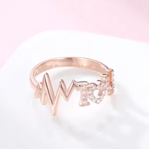 Bague Battement de Cœur en Argent Sterling 925 Design MOM I Love You ECG Incrusté de Strass Bijoux Électroplaqués Cadeau Femme