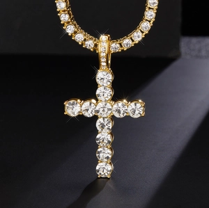 Hip hop gold plated cross pendant necklace with clear rhinestones on tennis chain