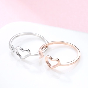 Minimalist S925 sterling silver open rings with hollow heart design in silver and rose gold