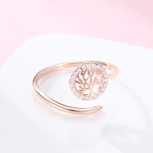 Anello albero della vita in argento S925 oro rosa con zirconi bianchi scintillanti