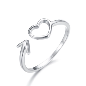 S925 sterling silver open ring with hollow heart and arrow design on white background