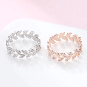 Elegant S925 silver and rose gold olive leaf rings with sparkling cubic zirconia stones