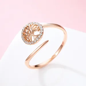 Anello Aperto in Argento Sterling 925 Albero della Vita Strass Design a Foglia Cava Regolabile Gioielli di Moda per Donna