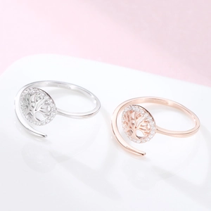 Anelli Albero della Vita regolabili in argento S925 con zirconi in argento e oro rosa