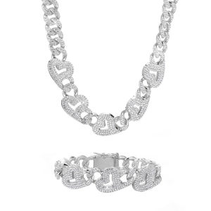 Ensemble collier et bracelet maille cubaine cœur 13mm avec zircons et finition argent