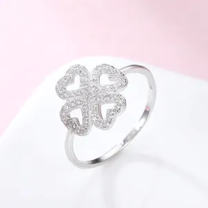 925 Sterling Silver Heart Four Leaf Clover Ring For Women Sparkling Rhinestone Inlaid Elegant Elegant Jewelry Finger Ring Gift